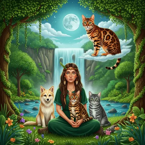 Mystic Scene with Bengal Cat, Shaman Woman, and Animals in Nature