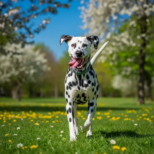 Playful Dalmatian Dog Running in Lush Green Park