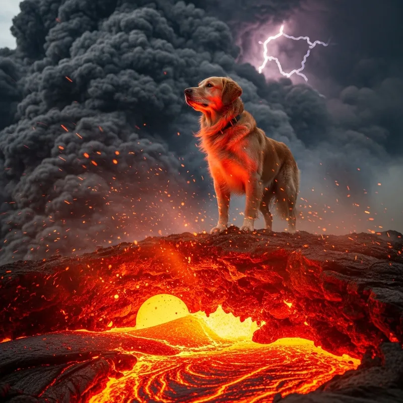 Fearless Dog at Volcano Edge | Erupting Volcano Scene