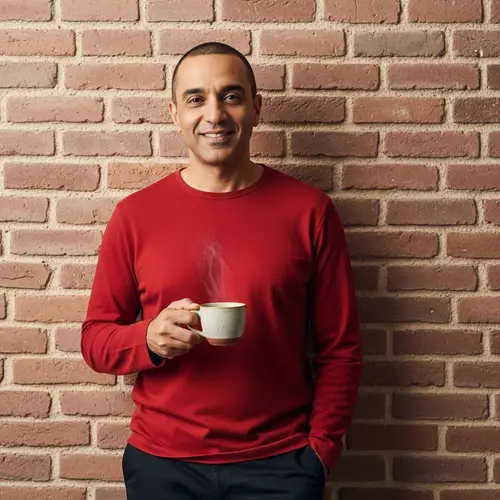 Middle-Eastern Man in Red Shirt with Coffee Cup | Website Name