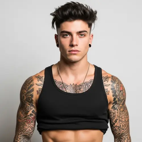 Muscular Caucasian Male with Tousled Black Hair and Emerald Green Eyes