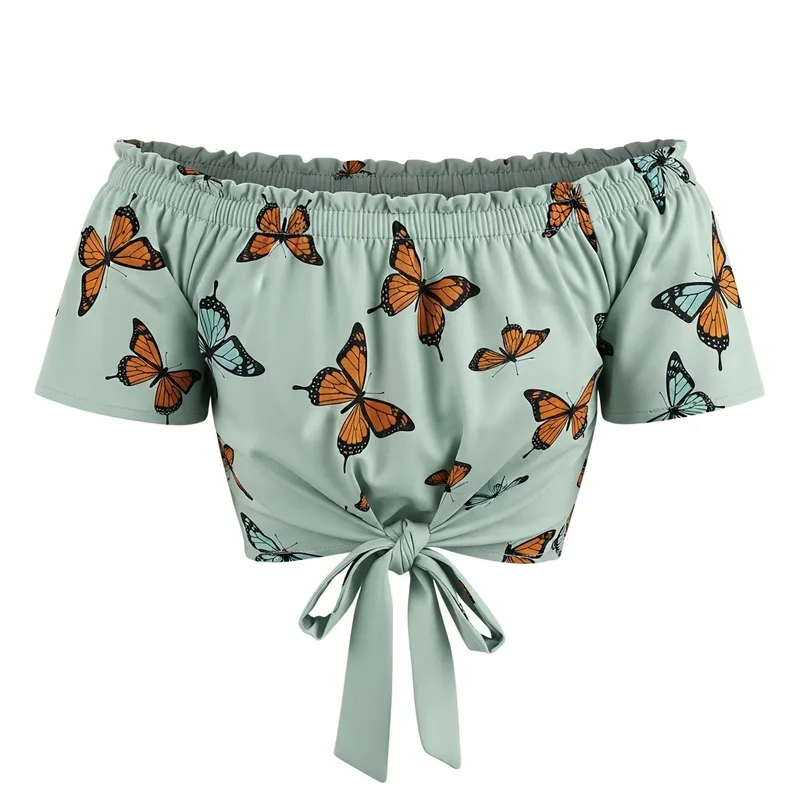 Stylish Off-Shoulder Pistachio Top with Butterfly Design