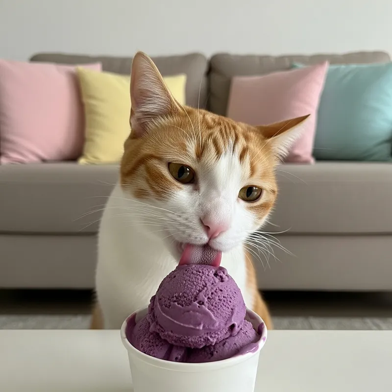Cat Licking Ube Ice Cream - Sweet Treat for a Feline