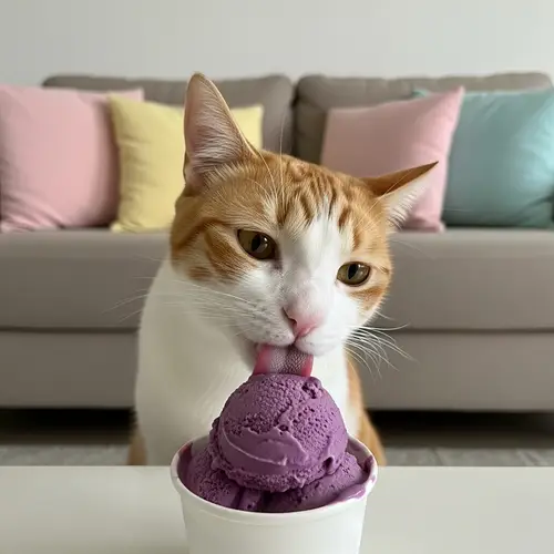Orange and White Domestic Cat Enjoying Ube Ice Cream Dessert