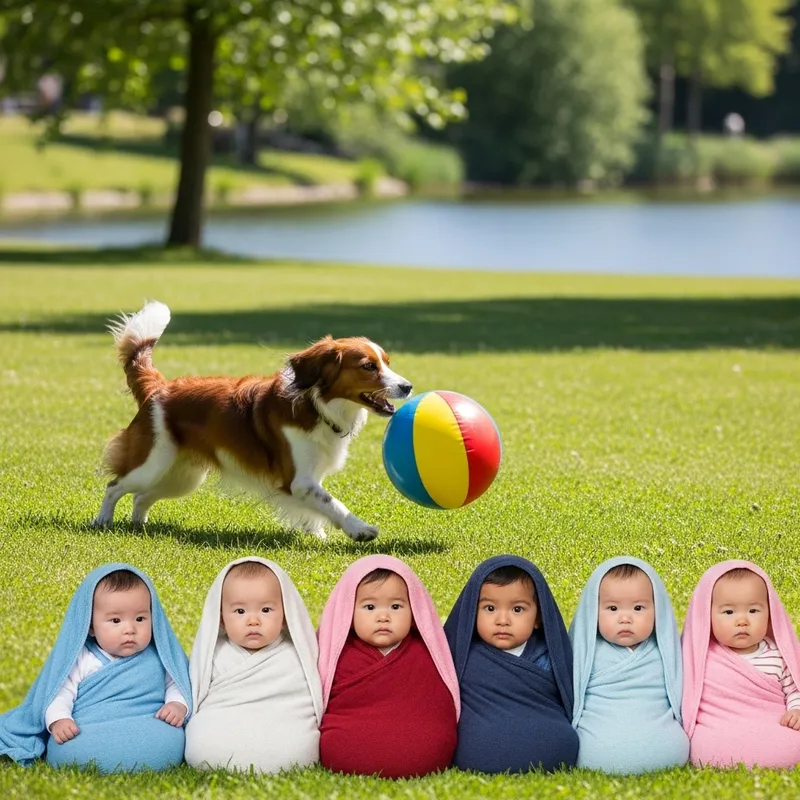 Playful Kooikerhondje with Puppies at Lake - Heartwarming Scene