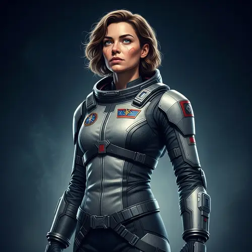 Athletic Woman in Futuristic Space Suit with Determined Eyes