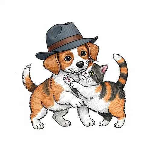 Adorable Dog and Cat in Playful Encounter | Vibrant Hat Scene