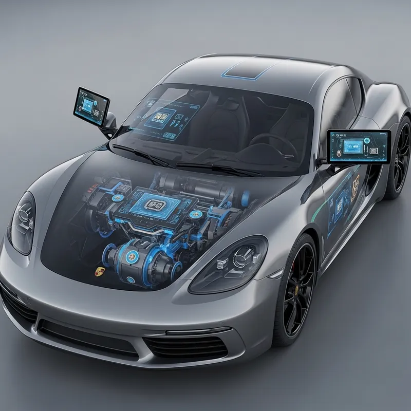 Futuristic Porsche 718 Cayman - Computer with Screen Mirrors and Windshield Display Futuristic Porsche 718 Cayman - Computer with Screen Mirrors and Windshield Display