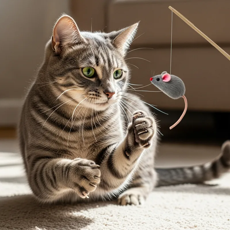 Playful Gray Tabby Cat Playing with Mouse Toy Playful Gray Tabby Cat Playing with Mouse Toy