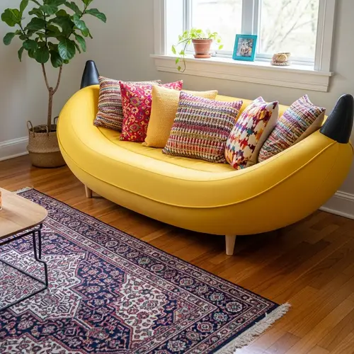 Luminous Banana-Shaped Couch with Colorful Pillows in Eclectic Living Room