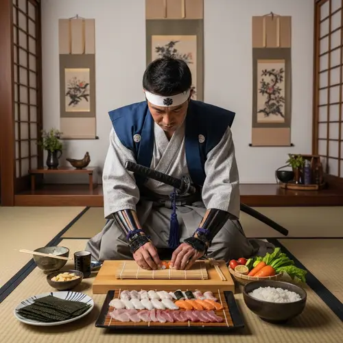 Japanese Samurai Crafting Sushi: Tradition & Precision