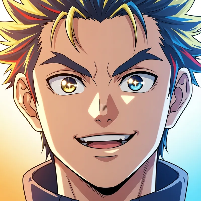 Friendly Male Anime Face with Spiky Hair | Vibrant Lighting Friendly Male Anime Face with Spiky Hair | Vibrant Lighting