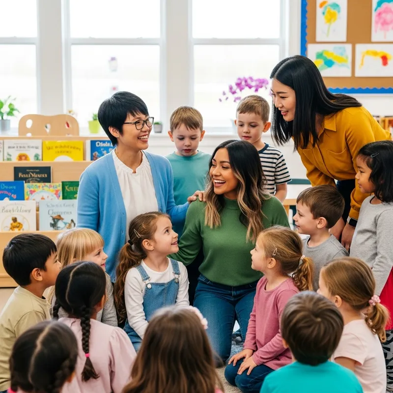 Diverse Kindergarten Teachers with Kids - Educational Image