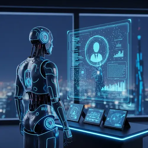 Futuristic Humanoid Robot Displaying Personal Data