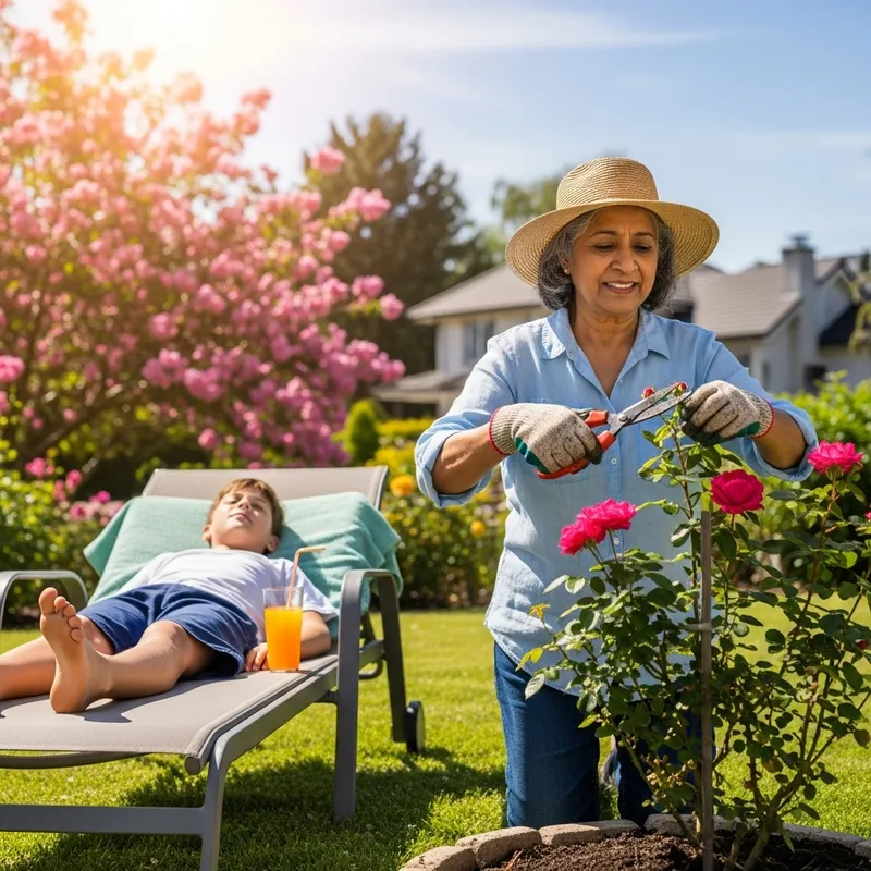 Young Boy Relaxing on Sun Bed While Mother Tends Garden Young Boy Relaxing on Sun Bed While Mother Tends Garden