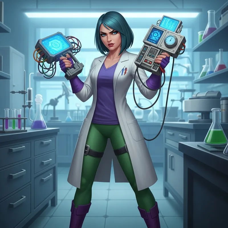 Female Scientist with Teal Hair in High-Tech Lab Environment