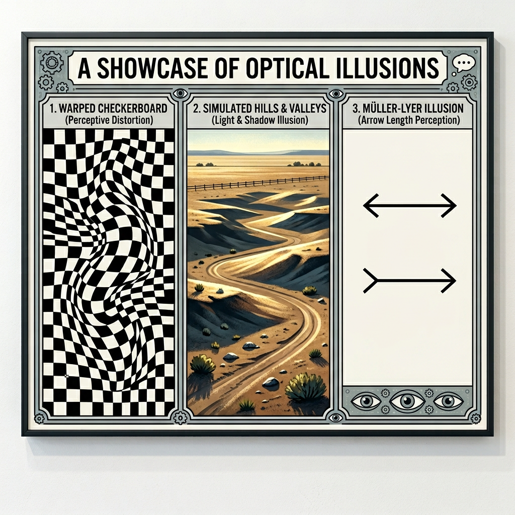 Fascinating Optical Illusions: 2D Patterns, Shaded Landscapes, and