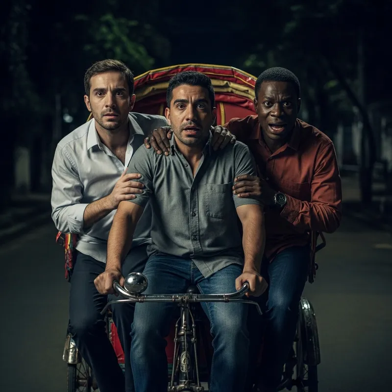 Eerie Night Ride: Fearful Men on Vintage Cycle Rickshaw