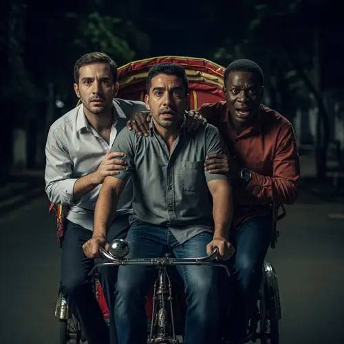 Horror Genre: Three Men on Cycle Rickshaw in Dark Night