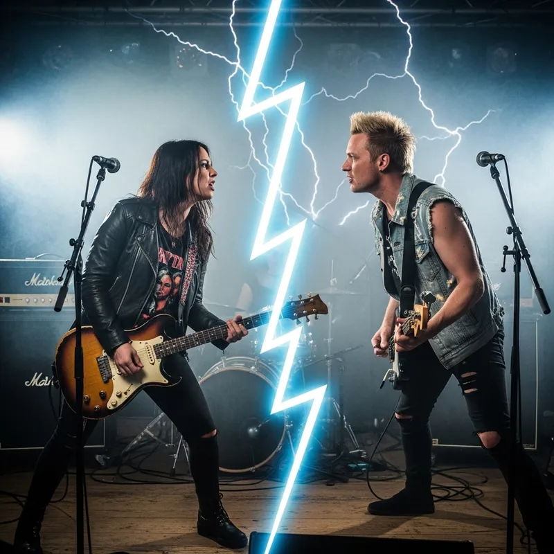 Caucasian Rock Musicians Verbal Standoff with Lightning Symbolism Caucasian Rock Musicians Verbal Standoff with Lightning Symbolism