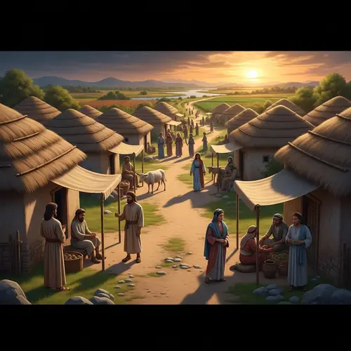 Ancient Village Life: Thatched Houses & Verdant Fields