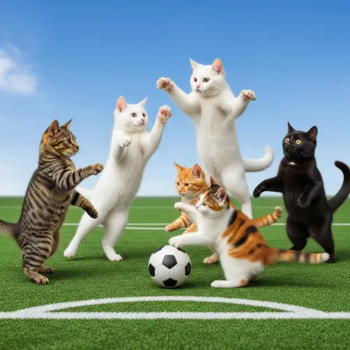 Playful Cats in Soccer Game - Dynamic Feline Action on Field