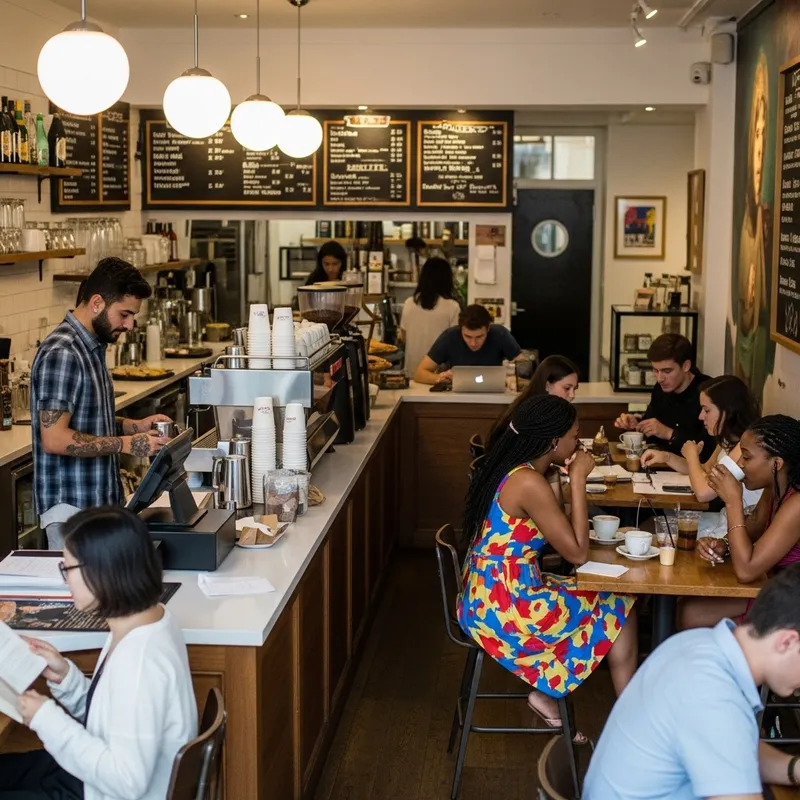 Lively Coffee Bar Scene: Barista, Readers, Students & Friends