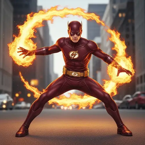 Maroon Suit Superhero with Fiery Powers