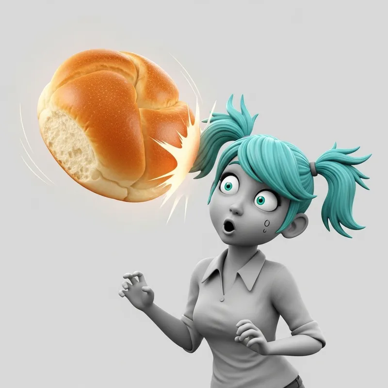 Humorous Bakery Roll Encounter with Aqua-Haired Character Humorous Bakery Roll Encounter with Aqua-Haired Character