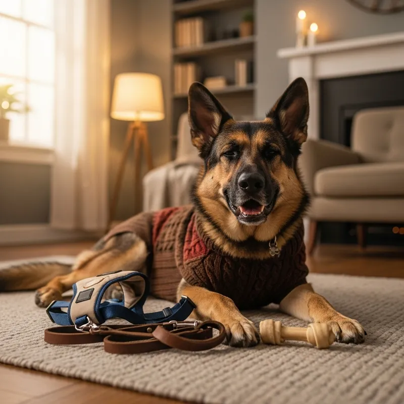 Adorable German Shepherd in Sweater with Leash, Harness & Toy