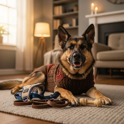 Cozy German Shepherd in Sweater with Leash, Harness, & Toy