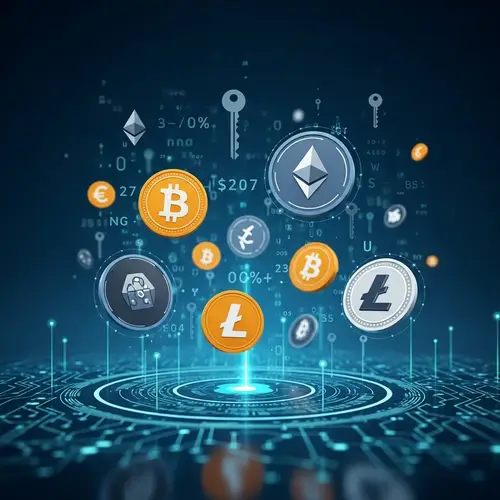 Cryptocurrency Symbols in Futuristic Digital Landscape