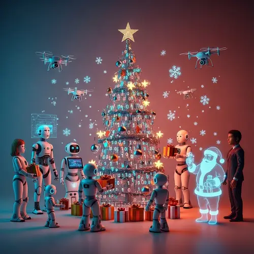 Festive Christmas Scene with AI Robots and Holographic Santa