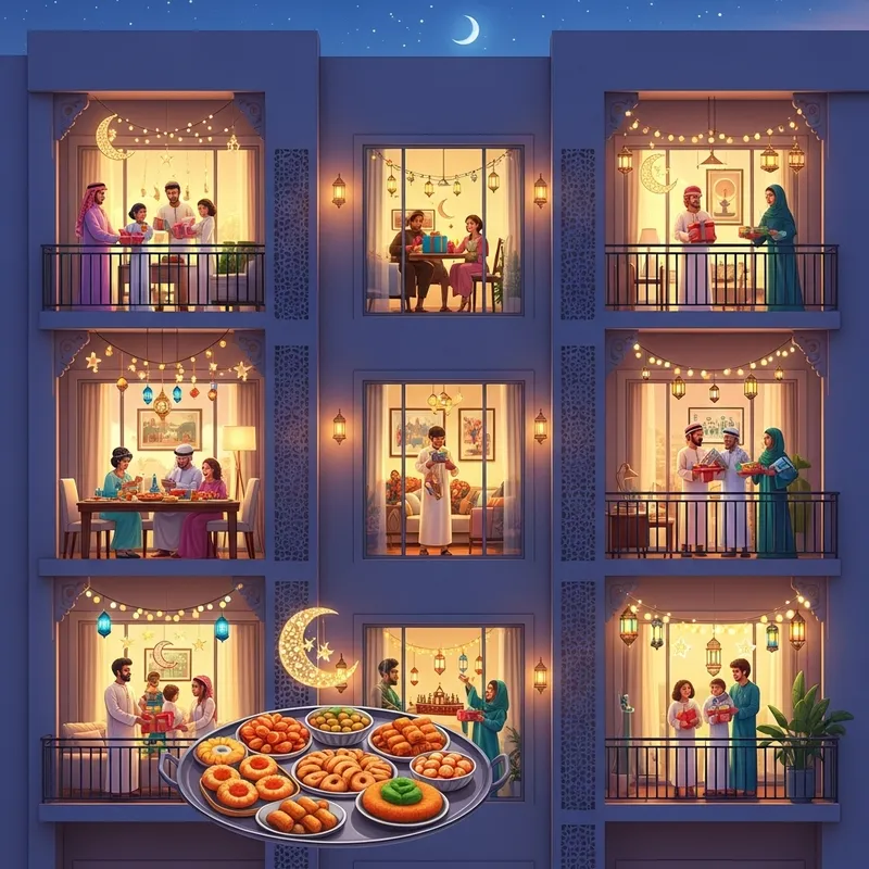 Happy Families Celebrate Eid al-Fitr in Apartment Building Happy Families Celebrate Eid al-Fitr in Apartment Building