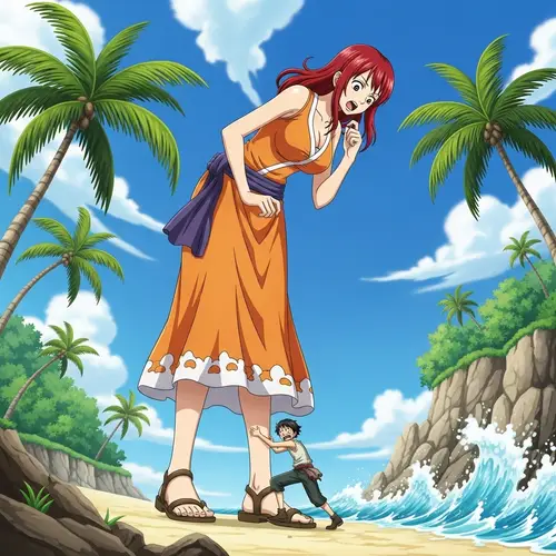 Surprised Red-Haired Anime Woman and Clinging Male Figure on Tropical Island