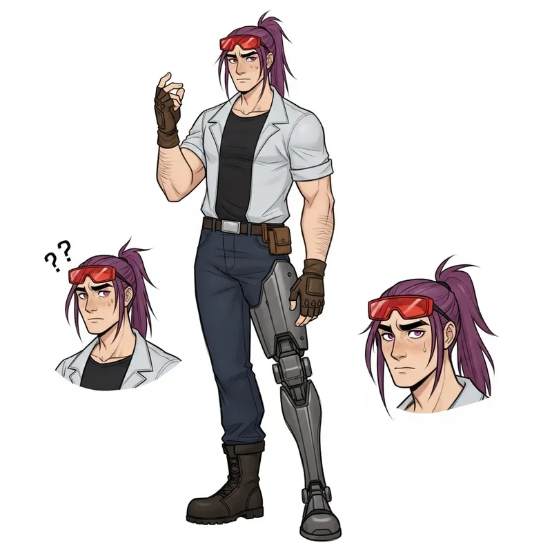 Unique European Mechanic with Robotic Leg | Sketch Art Reference