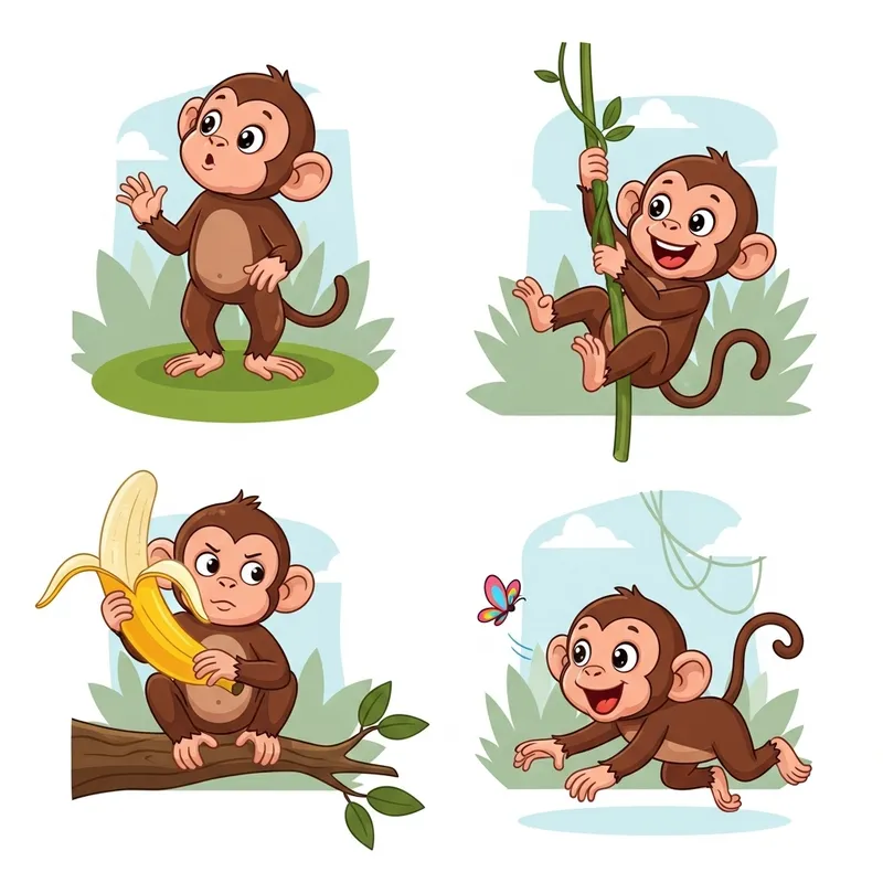 Cute Monkey Baby Poses Vector Illustration