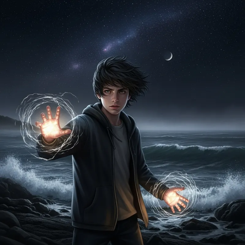Magical Boy Megumi Fushiguroiz Stands on Ocean Shore at Night