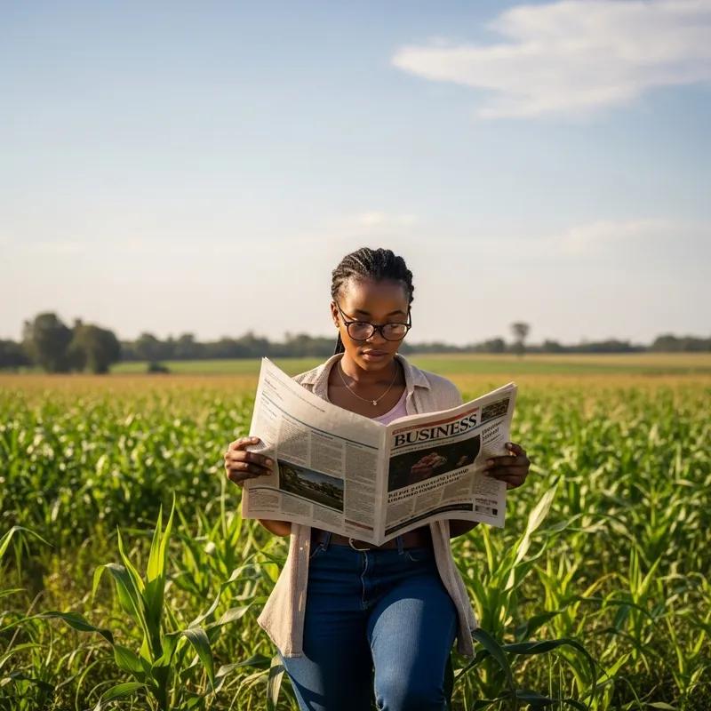 Young Black Female Reading Business News in Rural South Africa