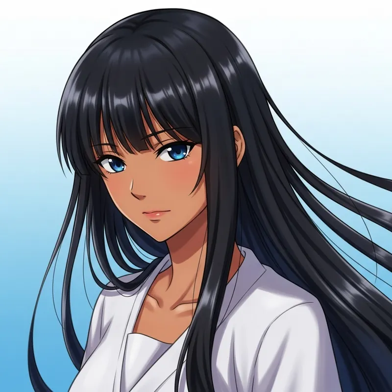 Anime Girl with Tanned Skin & Black Hair - Blue Eyes