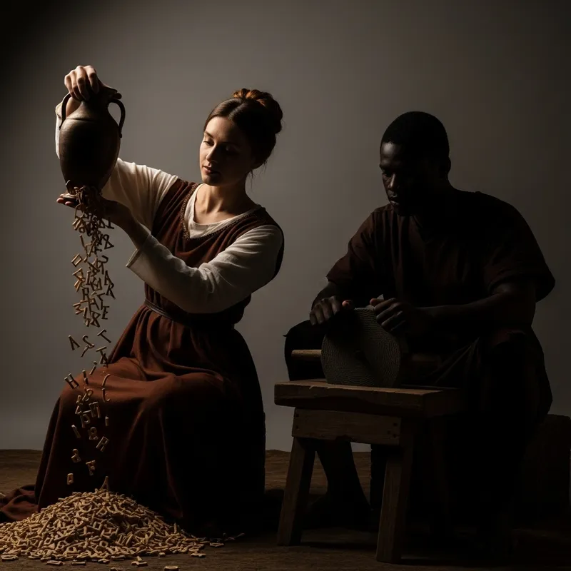 Ancient Letters and Silhouetted Figures