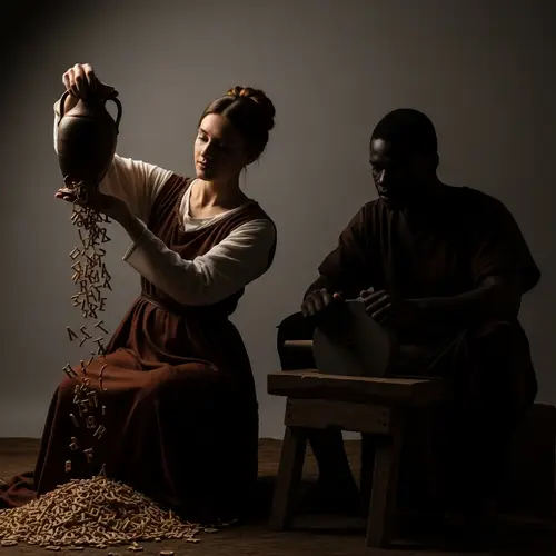 Ancient Letters and Silhouetted Figures