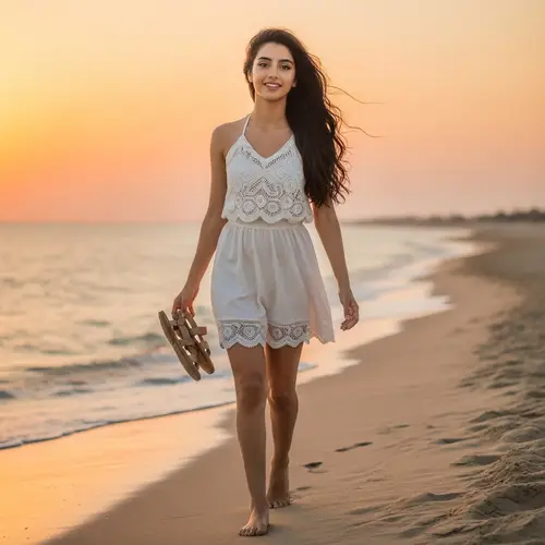 Tranquil Middle-Eastern Woman on Beach at Sunset