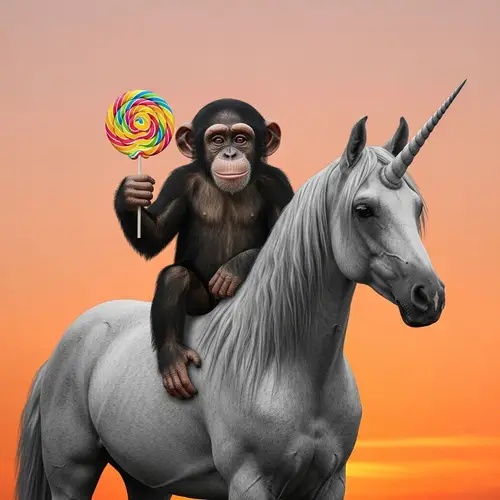 Playful Chimpanzee with Colorful Lollipop on Monochromatic Unicorn
