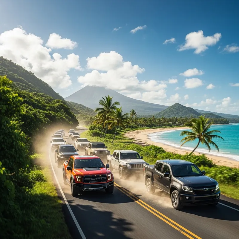 Pickups and SUVs Crossing Scenic Island | Beautiful Backdrop