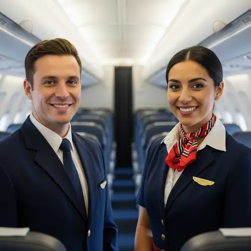 Diverse Cabin Crew in Airplane Interior - Professional Smiles