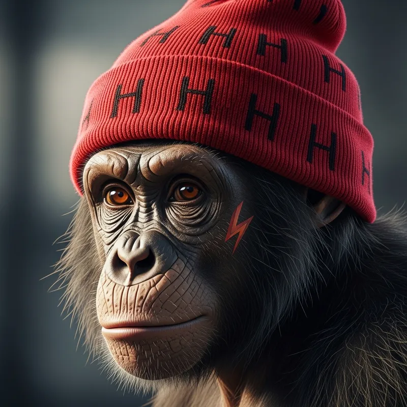 Edgy Ape in Red Beanie with 'H' Pattern & Face Lightning Bolt Tattoo