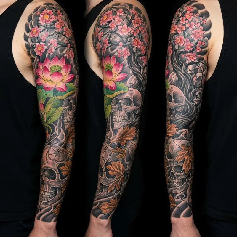 Life and Death Tattoo Design for Left Arm: Harmony of Blooms and Skulls