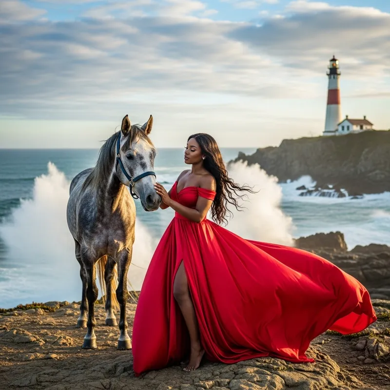 Captivating Black Woman in Red Dress Petting Majestic Horse by the Ocean