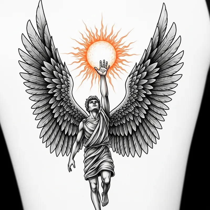 Reaching the Sun: Icarus Tattoo Design with Detailed Wings